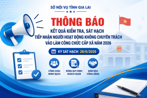 Sở Nội vụ tỉnh Gia Lai thông báo kết quả kiểm tra, sát hạch tiếp nhận người hoạt động không chuyên trách vào làm công chức cấp xã năm 2026.