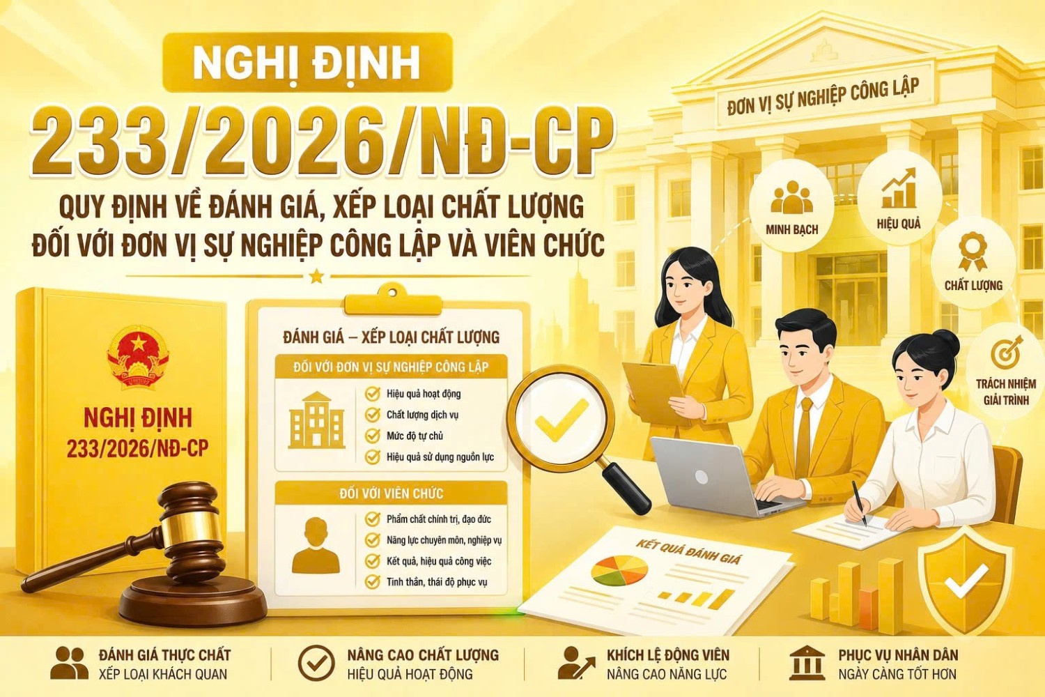 Nghị định số 233/2026/NĐ-CP ngày của Chính phủ về đánh giá, xếp loại chất lượng đối với đơn vị sự nghiệp công lập và viên chức sẽ có hiệu lực thi hành kể từ ngày 01/7/2026